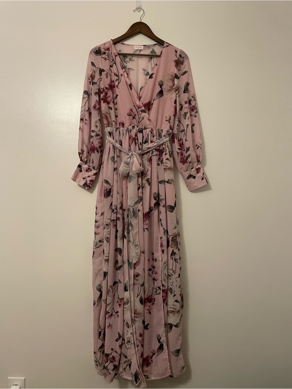 Pink Lily Floral Wrap Long Sleeve V-Neck Maxi Dress with Belt